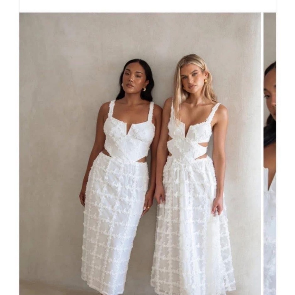 White Midi Dress with Textured Lace Details - Womens